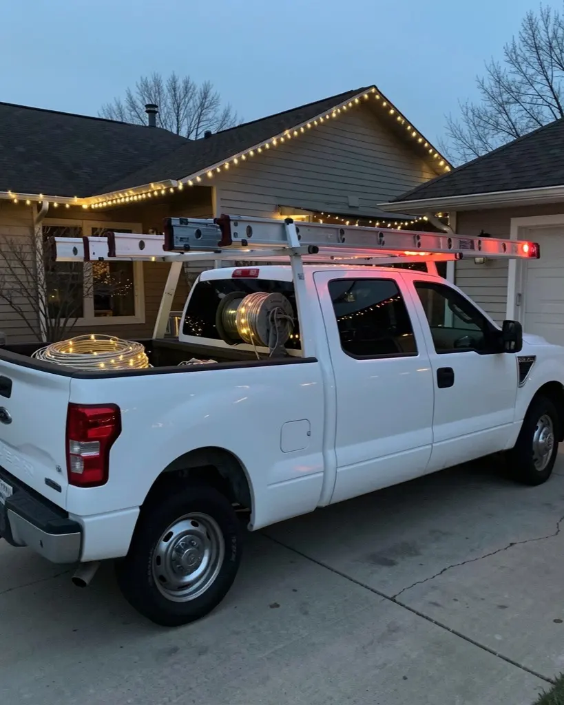 A work truck with a ladder rack at dusk
