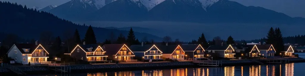 Waterfront homes at blue hour